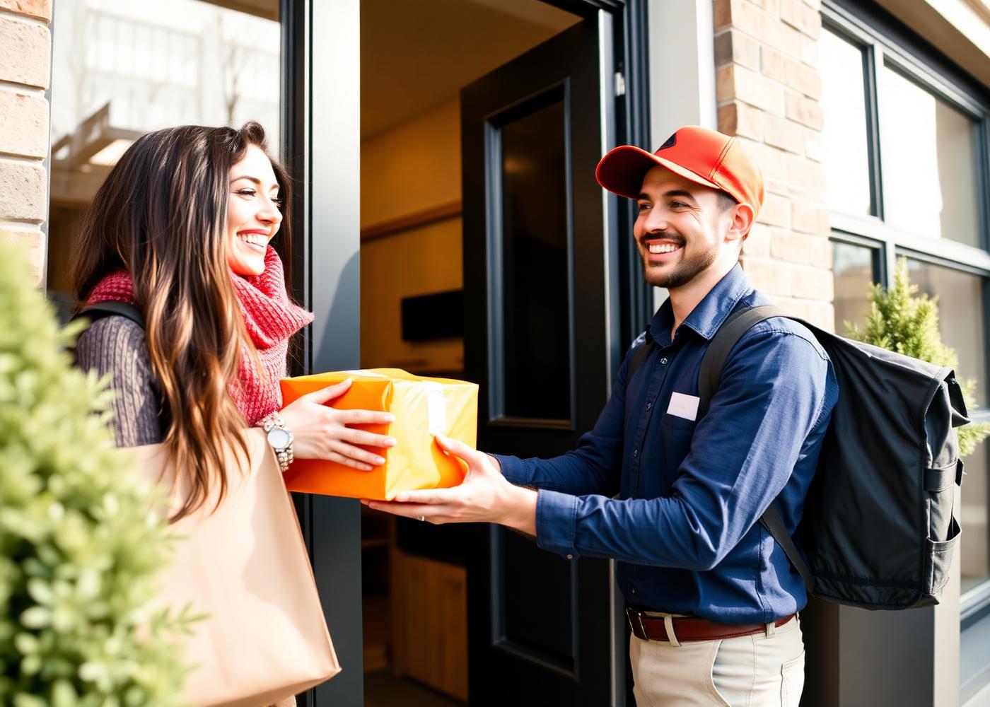 Entregador K10 FLEX entregando pacote laranja para cliente satisfeito