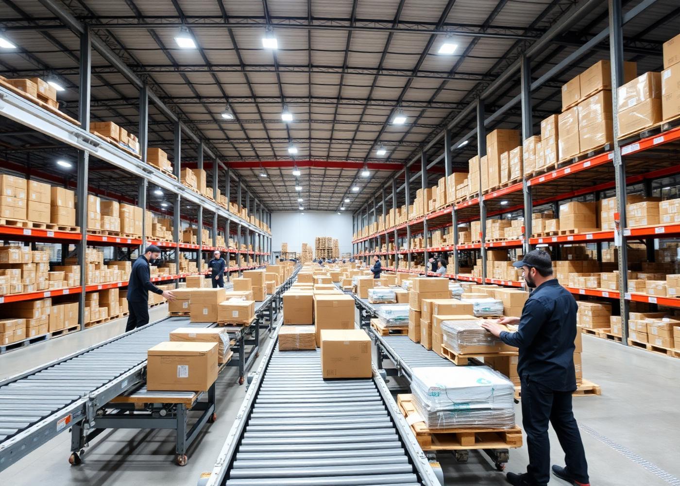 Centro logístico moderno da K10 FLEX com esteiras e operadores
